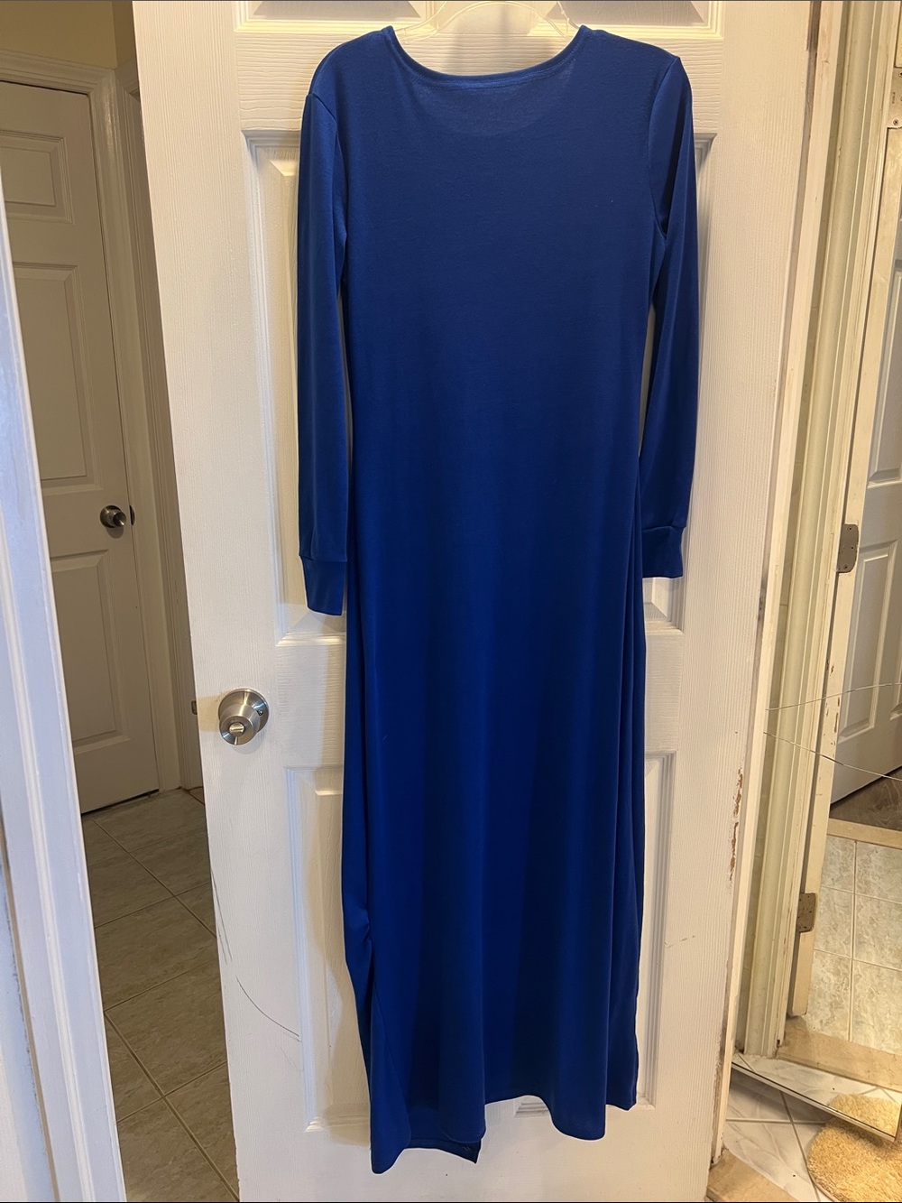 Blue Long Sleeve Maxi Dress with High Slit